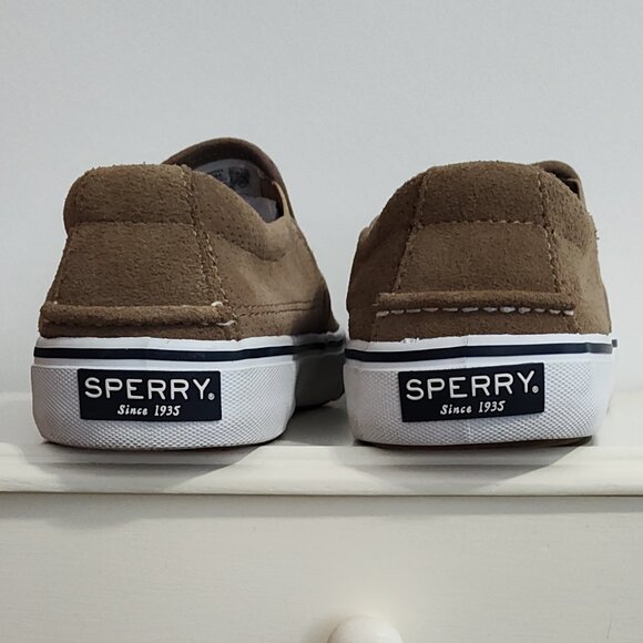 Sperry Striper II tan perforated suede slip-on sneakers, EUC, size 9.5